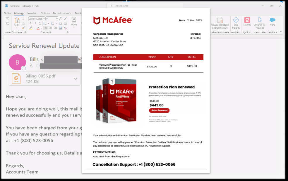 Un prétendu mail usurpant la solution de cybersécurité McAfee. // Source : Vade