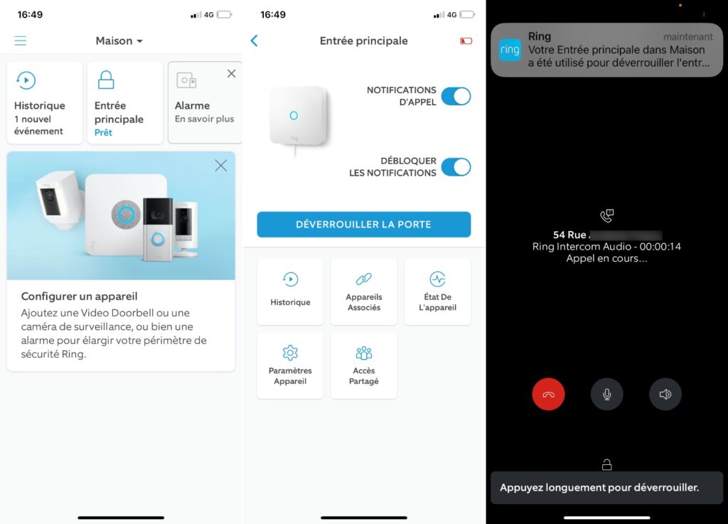 The Ring app interface.  When someone rings, you receive a notification that allows you to answer the call or just open the door.  // Source: Numerama