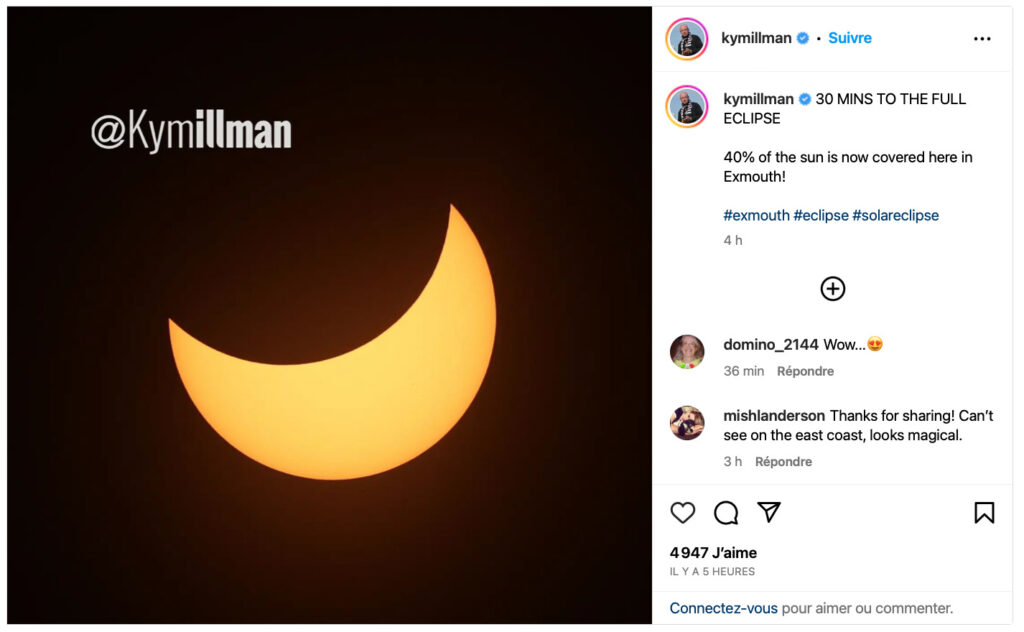 40 % du Soleil occulté par la Lune. // Source : Capture d'écran Instagram kymillman