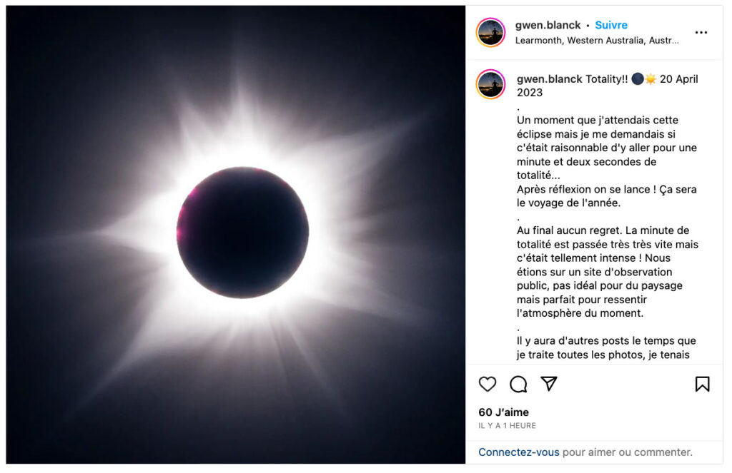 L'éclipse dans sa phase totale. // Source : Capture d'écran Instagram @gwen.blanck