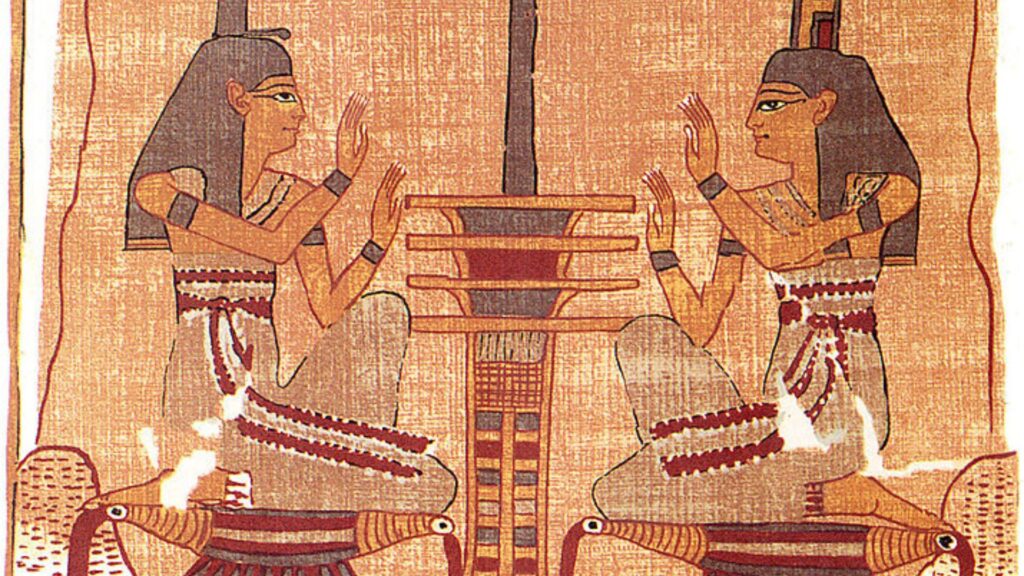 Deux Égyptiens sur le point de s'électrocuter ? Non, c'est juste un djed, symbole religieux lié à Osiris. // Source : British Museum
