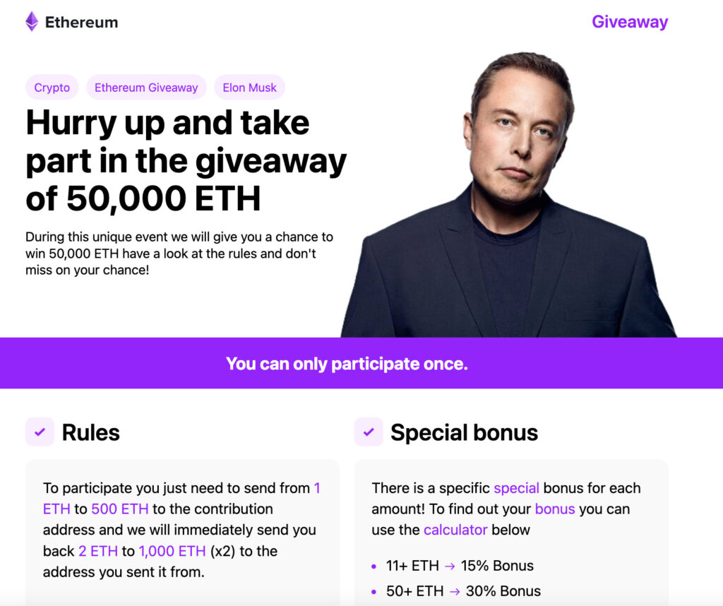 Le faux site des escrocs prétend qu'Elon Musk vous renverra des crypto-monnaies, mais il s'agit d'une arnaque // Source : Capture d'écran Numerama