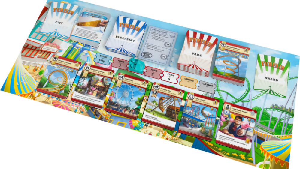 Le plateau central (de la version en anglais), avec les différents types de cartes. // Source : Good Games Publishing