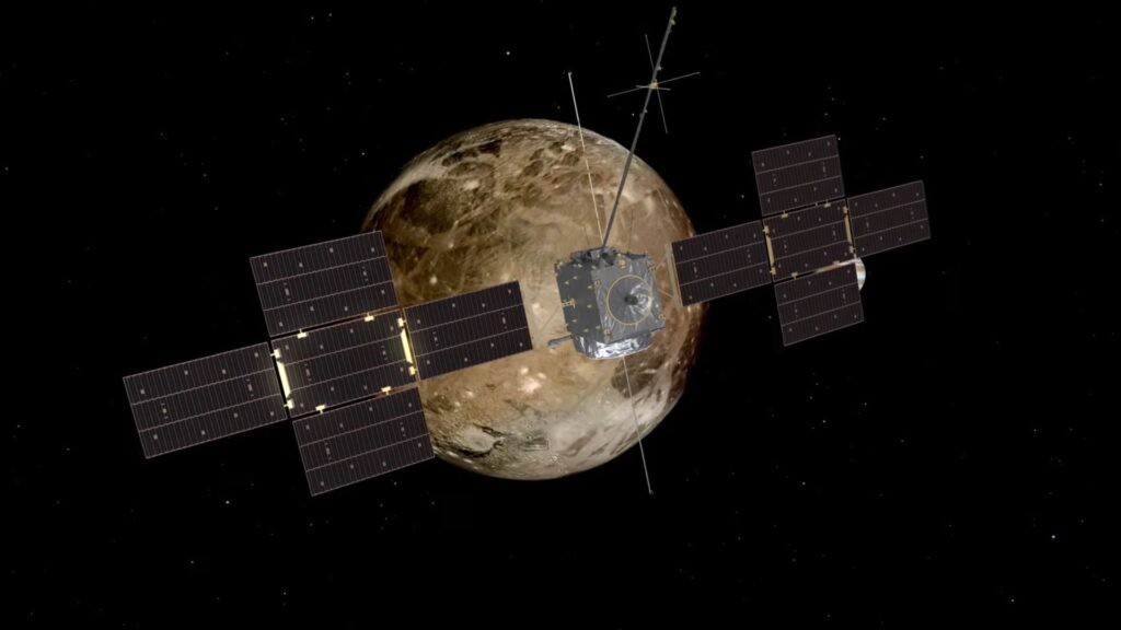 JUICE survolant Ganymède. // Source : Capture d'écran YouTube ESA