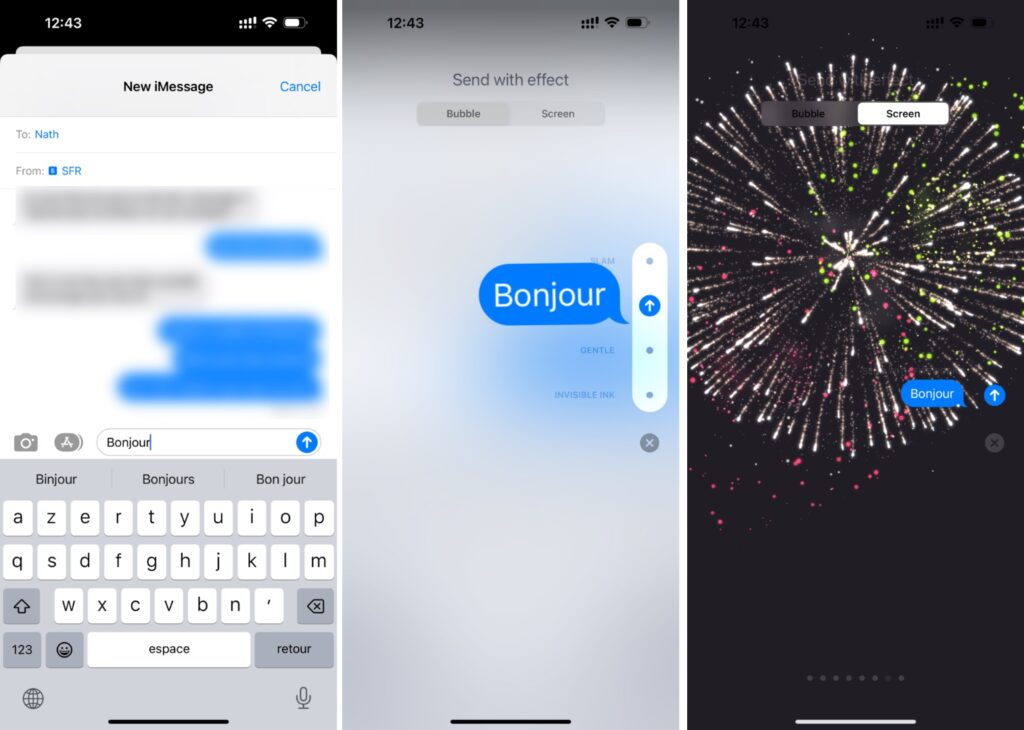 Les effets iMessage sur un iPhone avec iOS 16. // Source : Numerama