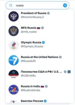Les comptes officiels russes sont de nouveau affichés dans les recherches Twitter au 10 avril 2023. // Source : Capture d'écran