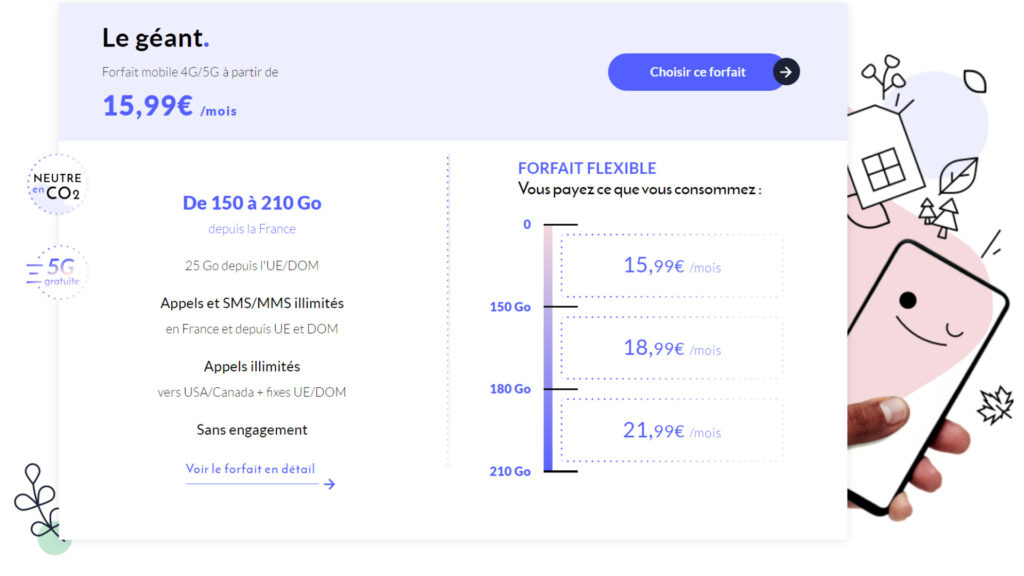 Les forfait Prixtel fonctionnent par palier (ici,le forfait Le Géant) // Source : Prixtel