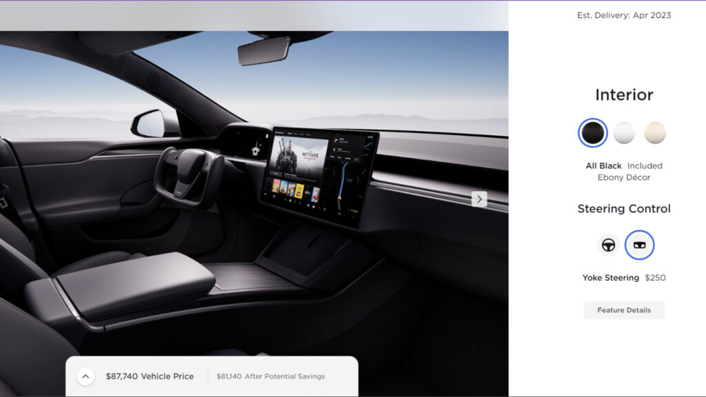 Le choix payant du volant Yoke est disponible sur le site US // Source : Tesla