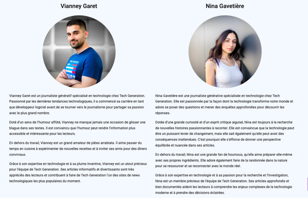 Vianney et Nina, les "journalistes génératifs" du site Tech Generation, généré par IA. // Source : Ari Kouts