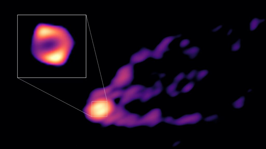 Zoom in op het zwarte gat M87* en spuw materie uit.  // Bron: R. -S.  Lu (SHAO), E. Ros (MPIfR), S. Dagnello (NRAO/AUI/NSF)