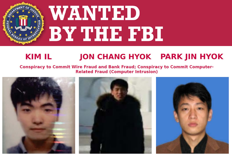 Des membres du groupe de hackers nord-coréens Lazarus, sont recherchés activement pour de nombreuses attaques sur les institutions financières. // Source : FBI