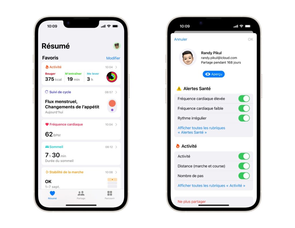 L'interface d'Apple Santé, qui regroupe toutes les données favorites sur la page d'accueil.  // Source : Apple