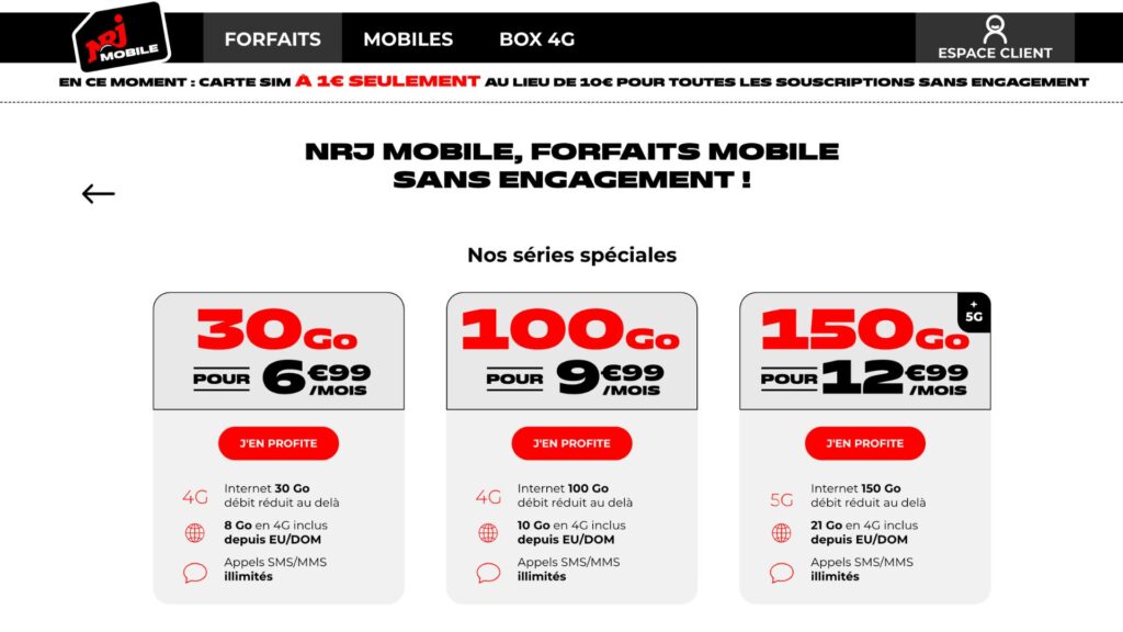 Les forfaits 4G et 5G proposés par NRJ Mobile // Source : NRJ Mobile