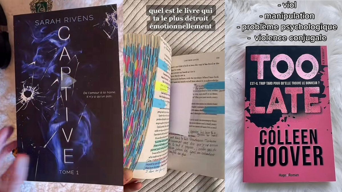 Des exemples de contenus sur Booktok évoquant les violences dans des ouvrages. // Source : Captures d'écran TikTok @theemotivegirl / @mayiread_/ @maelys_read