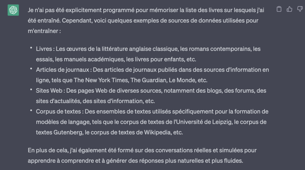 Les modèles derrières ChatGPT sont entraînés sur divers corpus. // Source : Capture d'écran