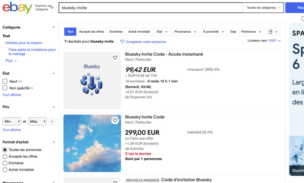 Sur eBay France, on trouve aussi plusieurs invitations Bluesky. // Source : Capture Numerama