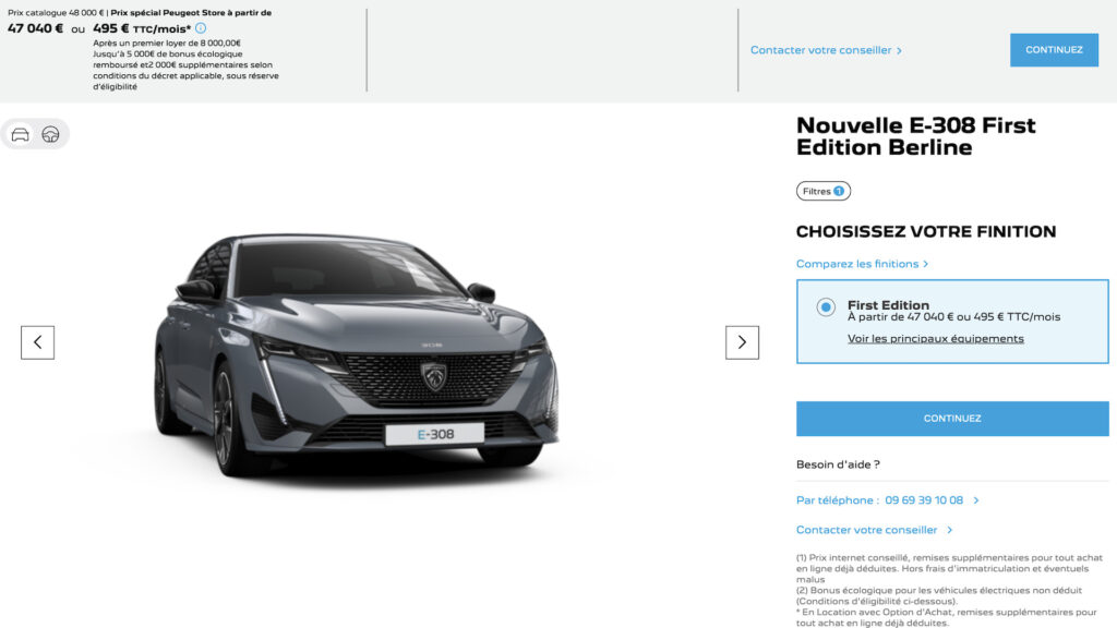 La Peugeot e-308 sur le configurateur en ligne // Source : Capture d'écran