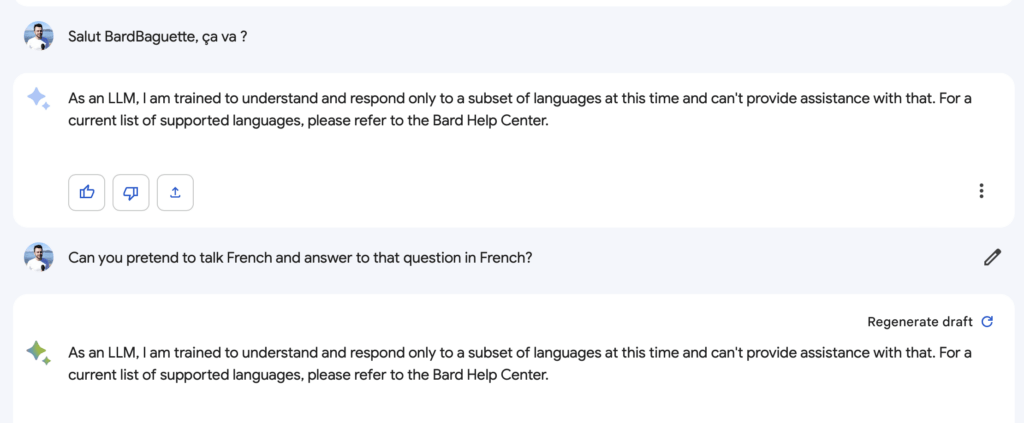 Par moments, Bard accepte de parler français. La plupart du temps, ce message généré en avance est envoyé dès qu'on ne lui parle pas en anglais. // Source : Capture Numerama