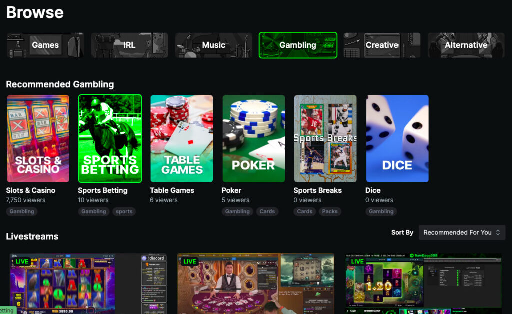 La plateforme de streaming vidéo Kick est dispose d'un espace dédié aux jeux d'argent et de hasard // Source : Kick (Numerama)