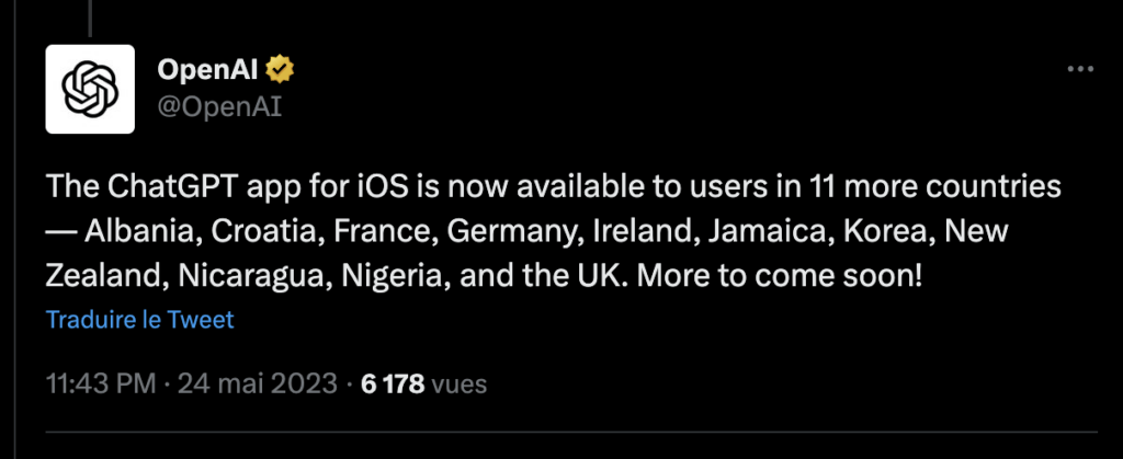 Sur Twitter, OpenAI annonce étendre son application ChatGPT à 11 pays. // Source : Twitter