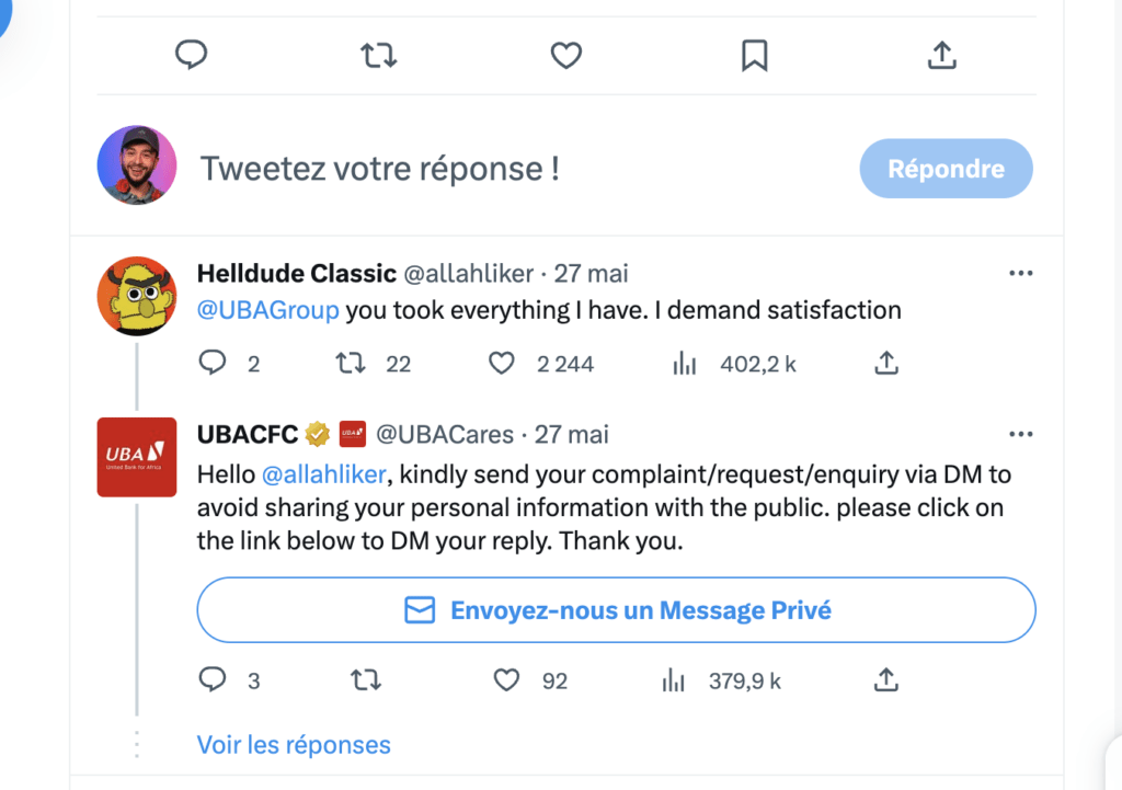 By calling the support account of the American bank UBA, this Internet user goes ahead of all the Blue accounts.  // Source: Capture Numerama