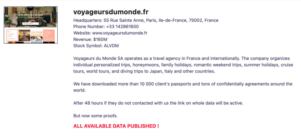 L'annonce de piratage de Voyageurs du Monde sur le site de Lockbit. // Source : Numerama