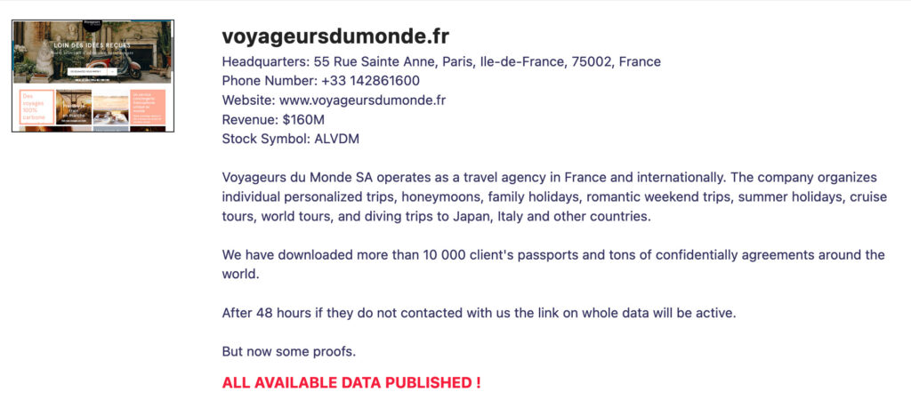 Voyageurs du Monde's hack announcement on the Lockbit website.  // Source: Numerama