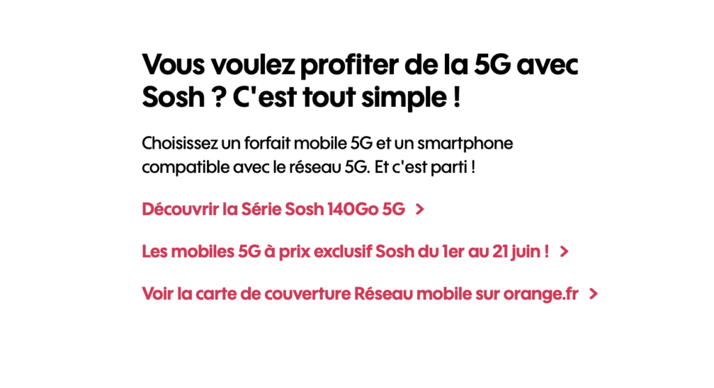 L'offre 5G de Sosh devrait remplacer l'offre haut de gamme 70 Go, à 24,99 euros par mois. // Source : Capture Numerama