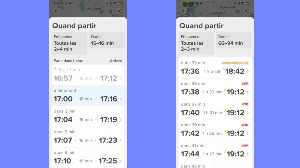 CityMapper permet de connaitre la durée de chaque trajet en temps réel // Source : Capture d'écran Numerama