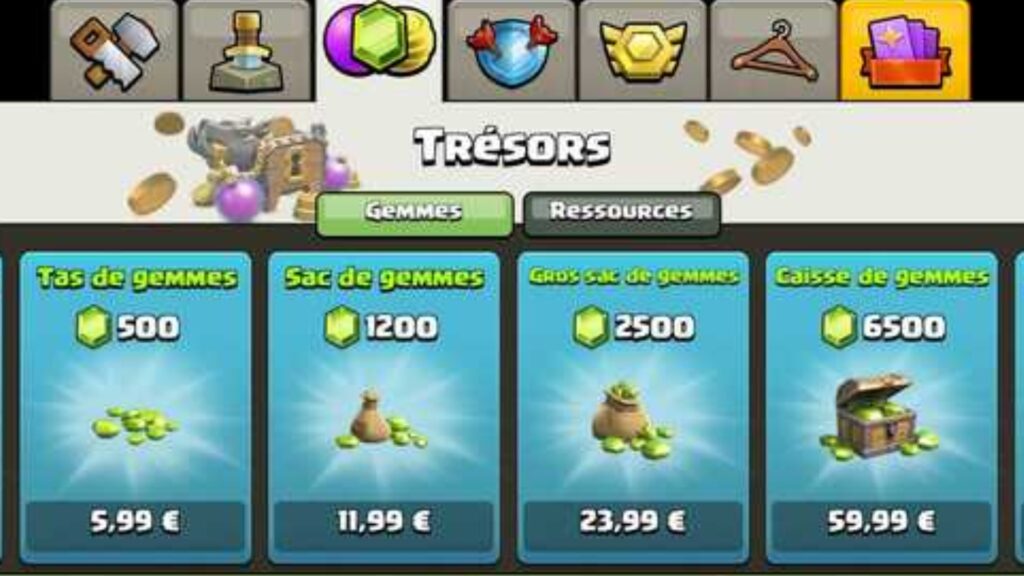 Sur le jeu mobile Clash Of Clans, les gemmes coûtent 1,19 € à 119,99 € // Source : Capture d'écran Numerama