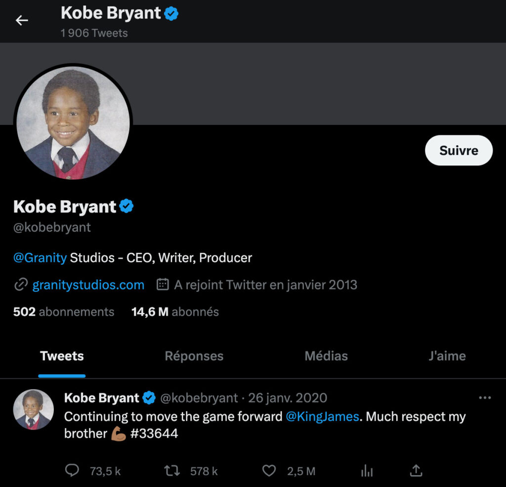 Le compte Twitter de Kobe Bryant, qui est décédé, sera certainement archivé // Source : Capture d'écran Numerama