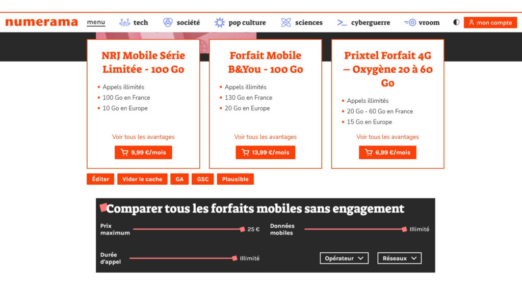 Notre comparateur de forfaits mobiles // Source : Numerama