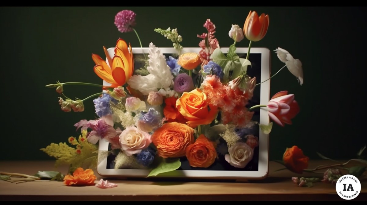 Des fleurs dans un iPad // Source : Midjourney/Numerama