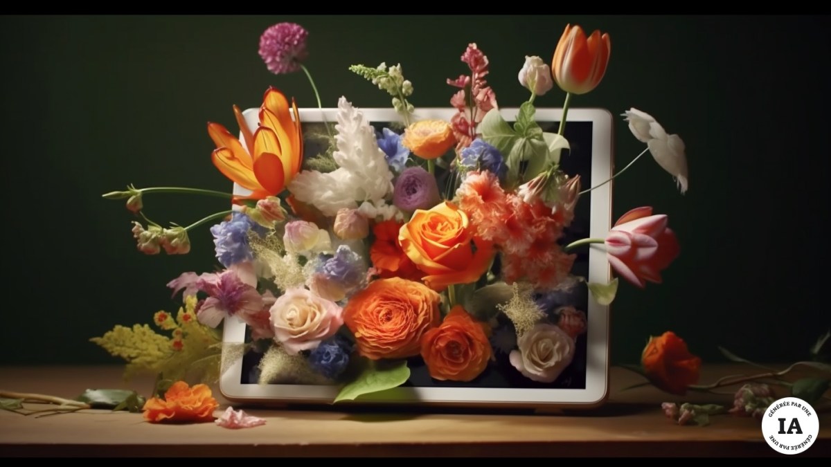 Des fleurs dans un iPad // Source : Midjourney/Numerama