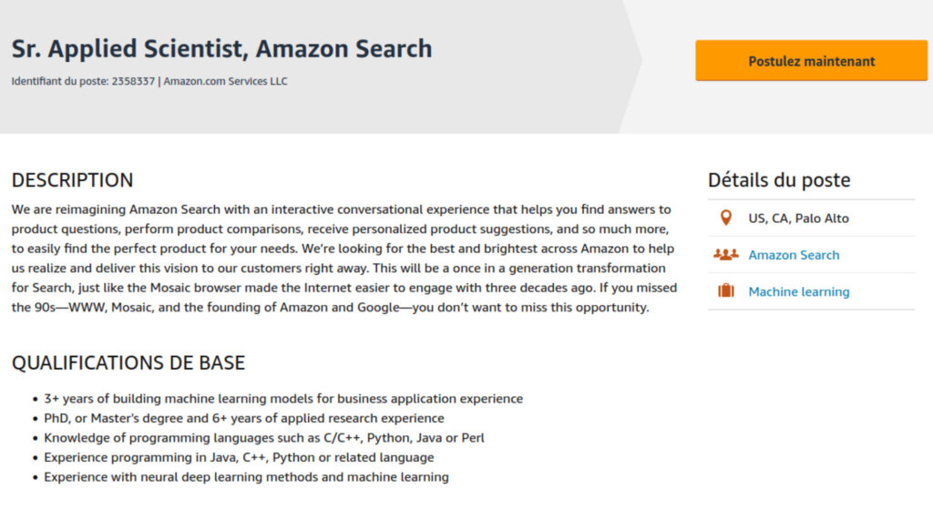 Une proposition d'emploi au siège d'Amazon. // Source : Capture d'écran