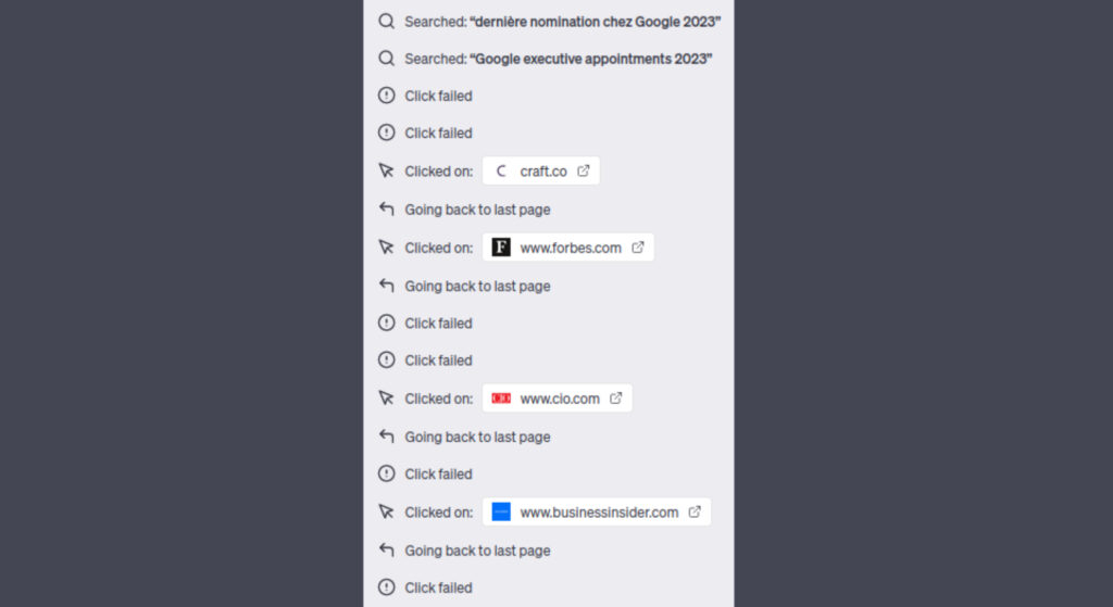 GPT ne parvient pas à accéder aux sites web complexes. // Source : Capture d'écran
