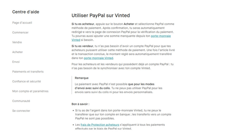 La page d'information du PayPal a disparu du site de Vinted. // Source : Capture d'écran
