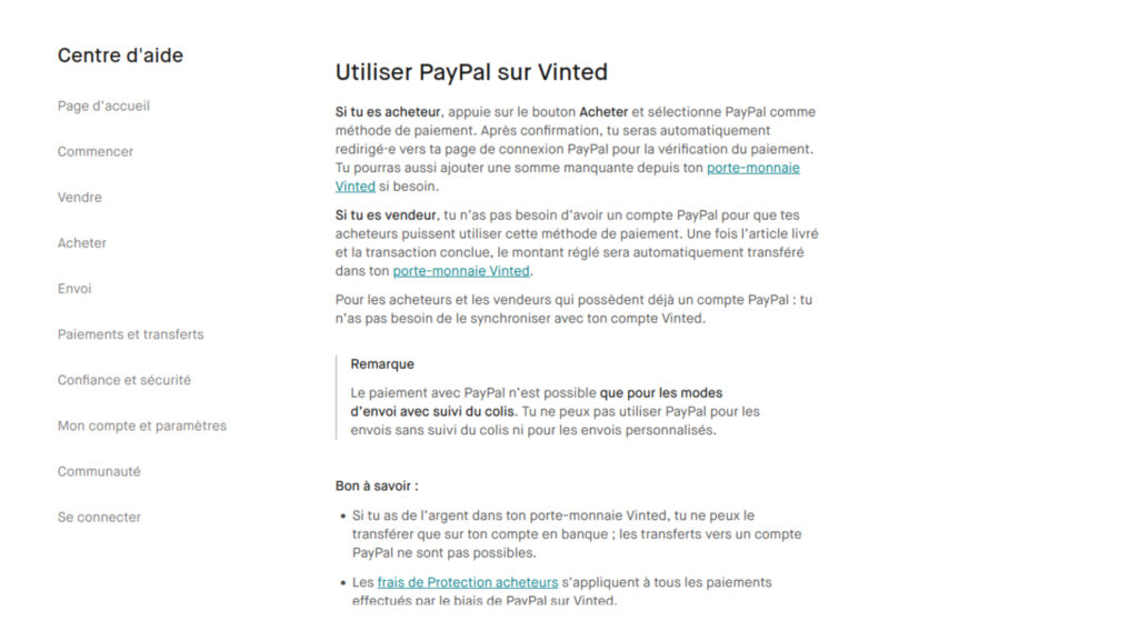 La page d'information du PayPal a disparu du site de Vinted. // Source : Capture d'écran La page d'information du PayPal a disparu du site de Vinted. // Source : Capture d'écran