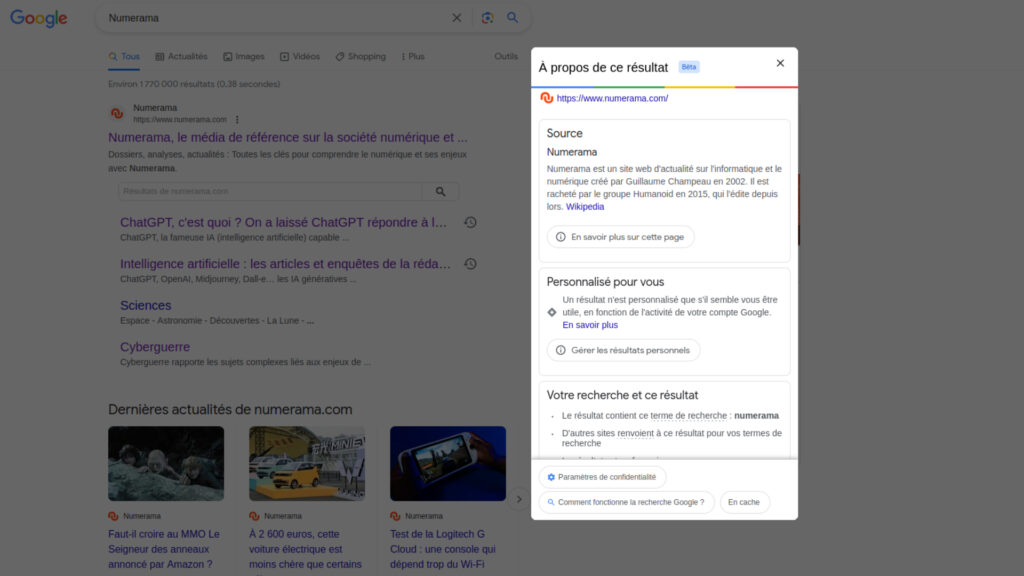 Le menu « À propos de ce résultat » est encore en Beta en France. // Source : Capture d'écran