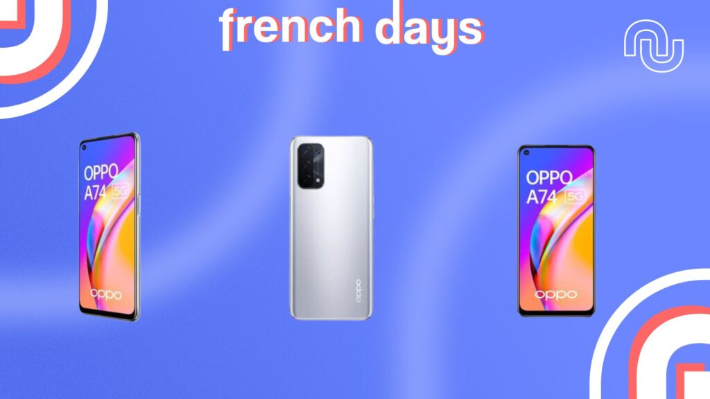 L'Oppo A74 en promotion pour les French Days vu de face, de dos et de profil // Source : montage Numerama