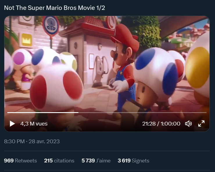 Le film Super Mario sur Twitter, avec des millions de vues.  // Source : Twitter