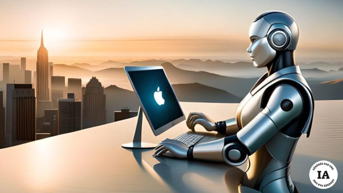 Un robot devant un ordinateur Apple. // Source : Numerama avec BlueWillow