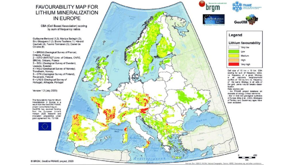 Carte de favorabilité d’exploitation du lithium en Europe, de nulle (blanc) à très favorable (rouge). // Source : FRAME project/Geological Survey of Sweden