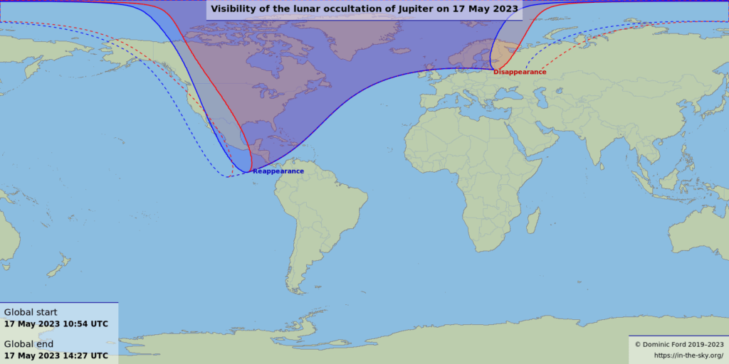 Visibilité de l'occultation de Jupiter par la Lune, le 17 mai 2023. // Source : In The Sky