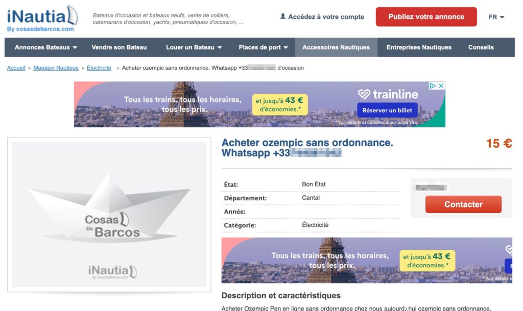 Un site de vente de bateau détourné pour vendre de l'Ozempic // Source : Capture d'écran Numerama d'un site détourné pour vendre de l'Ozempic