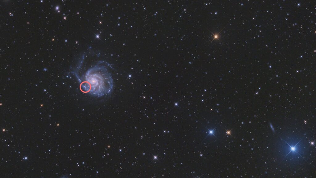 La supernova dans la galaxie du Moulinet, au lendemain de sa découverte. // Source : Flickr/CC/Dominique Dierick (photo recadrée et annotée)