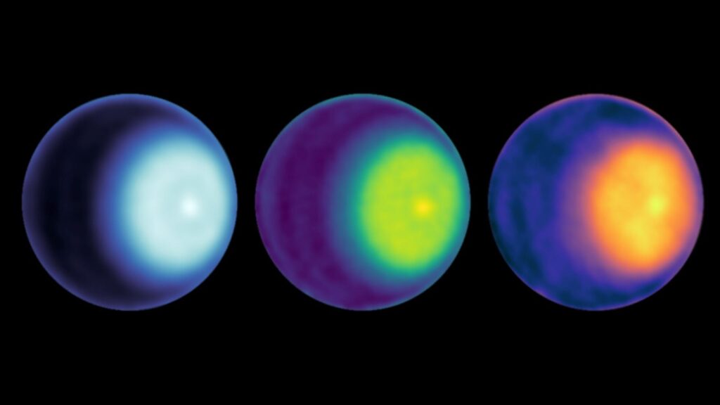 Des cyclones observés en ondes radio à la surface d'Uranus. De gauche à droite, les longueurs d'onde sont K, Ka, et Q. // Source : NASA/JPL-Caltech/VLA