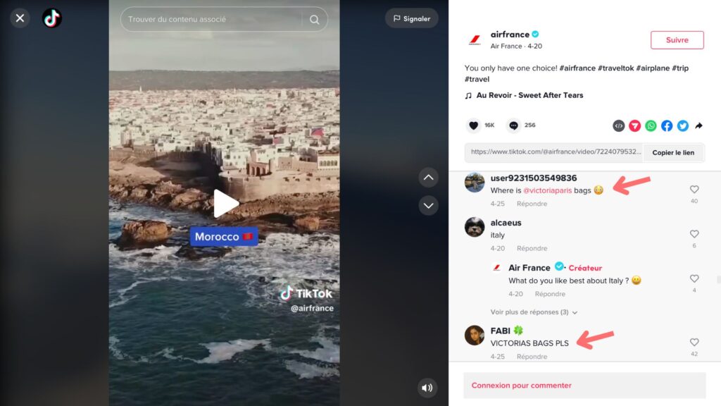 Les commentaires publiés par des fans de l'influenceuse. // Source : Capture d'écran TikTok @airfrance, annotations Numerama