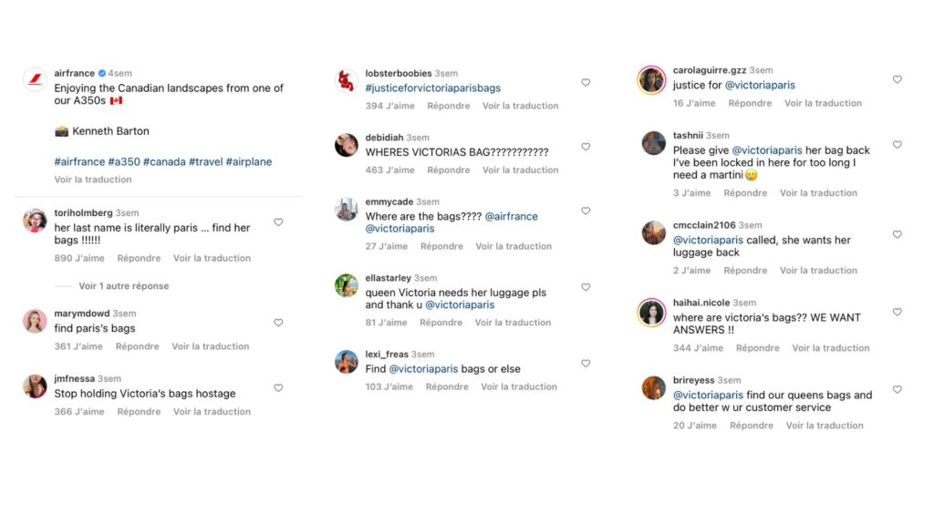 Les commentaires sous la publication d'Air France, sur Instagram. // Source : Captures d'écran Instagram @airfrance