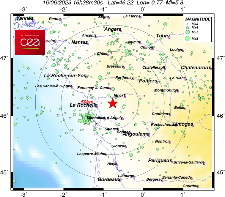 Carte de l'alerte sismique du 16 juin 2023. // Source : CEA